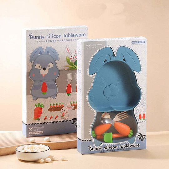 Set de Diversificare pentru Bebeluși Flippy din Silicon 26 X 15 Cm 1 Farfurie cu 1 Compartiment în Forma de Iepuraș Linguriță Furculiță Paie Perie pentru Paie cu Ventuză Fără Alergeni Formă Creativă
