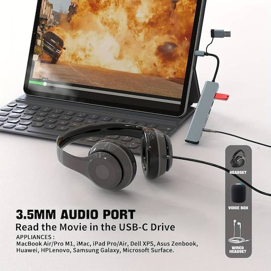 USB Hub 5 USB 3.0 Ports with USB-A USB-C Connection Gray