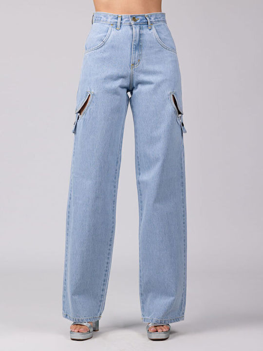 Sac & Co High Waist Women's Jean Trousers with Rips Light Blue