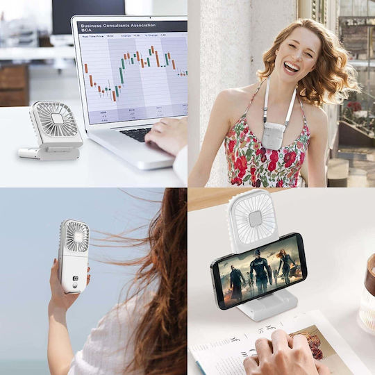 Portable Flippy Fan 3 In 1 Handheld Neck Desk 16.7 X 8 X 1.9 Cm 3 Speed Levels Usb Charging Foldable Digital Display Phone Holder White