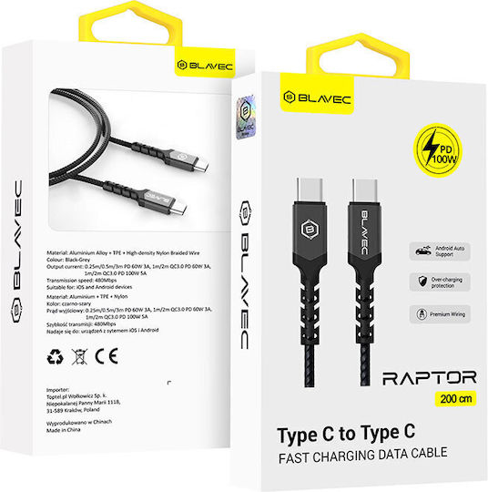 Blavec Raptor Braided USB 2.0 Cable USB-C Male - USB-C 100W PD Black 2m