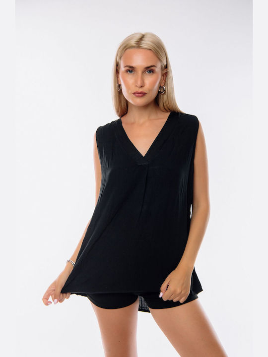 Dress Up Women's Blouse Sleeveless with V Neckline Black