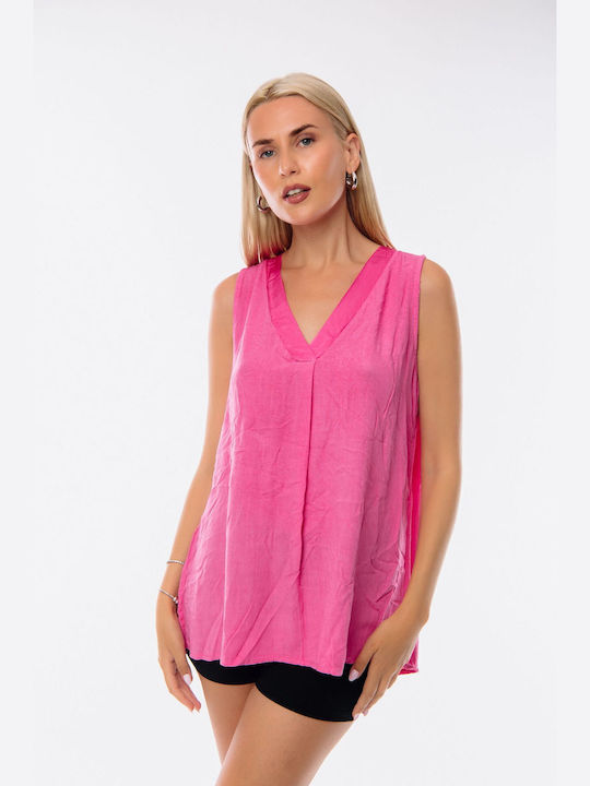 Dress Up Women's Blouse Sleeveless with V Neckline Fuchsia