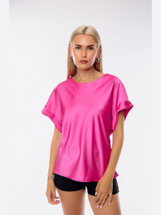 Dress Up Women's Blouse Satin Short Sleeve Fuchsia