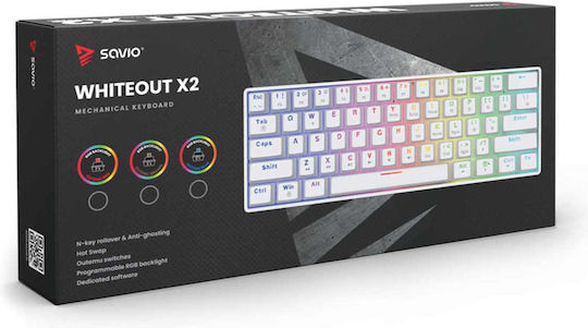 Savio WHITEOUT X2 Gaming Mechanical Keyboard 60% with Outemu Brown switches and RGB lighting (English US) White