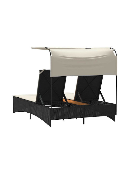 Liegestuhl Doppelter Rattan mit Kissen & Sonnenschirm Schwarz 136x202x140cm.