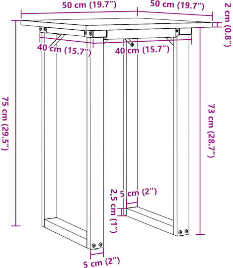 Esszimmer- und Küchentisch aus Massivholz und Metall Braune 50x50x75cm