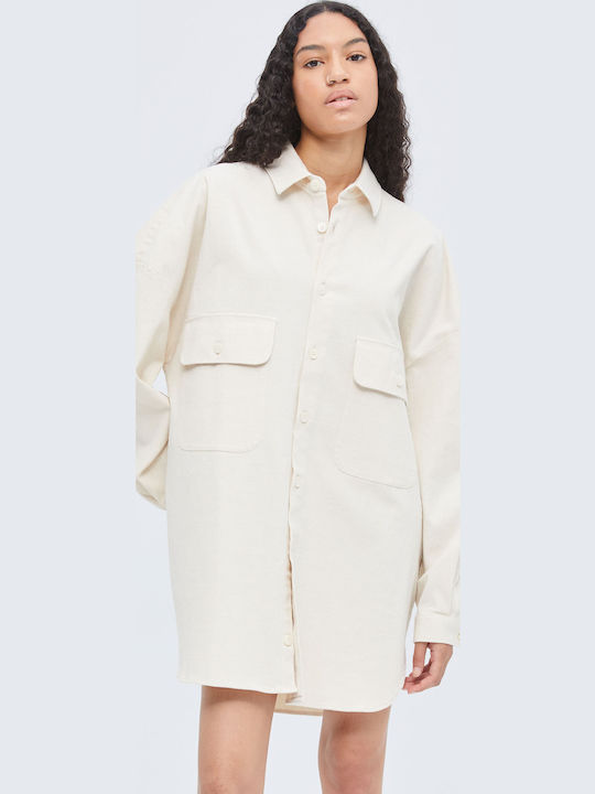 Дълъг Ръкав Лен Overshirt в Прекалено Голяма Линия Бежово