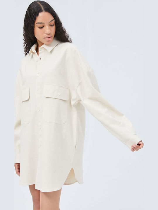 Дълъг Ръкав Лен Overshirt в Прекалено Голяма Линия Бежово