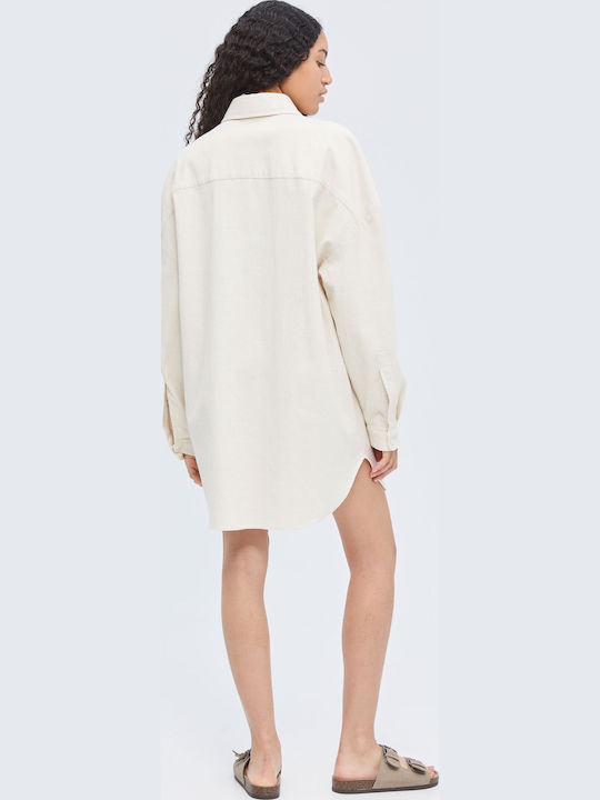 Дълъг Ръкав Лен Overshirt в Прекалено Голяма Линия Бежово