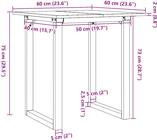 Pătrat Masă Sala de mese din Lemn Masiv & Metal Maro 60x60x75buc