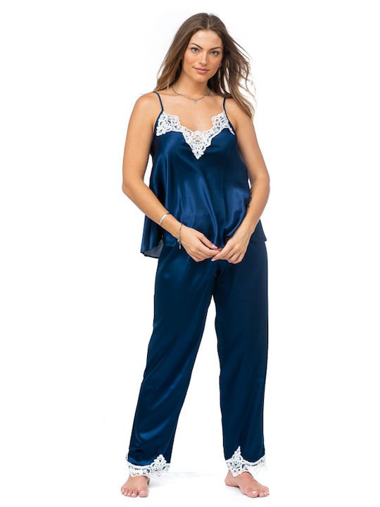 Women's Satin Pajama Set - Lace Robe (1828) - Blue