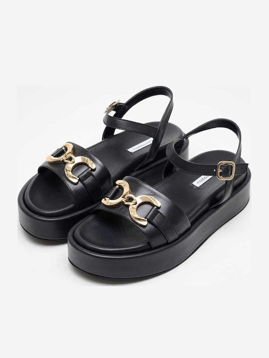 Leather Women's Flat Sandals Flatforms in Black Color