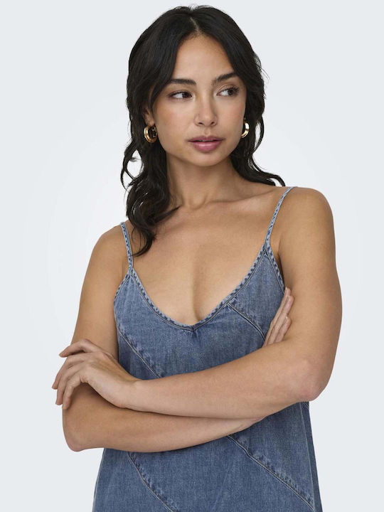 Summer Midi Denim Dress with Ruffles Blue