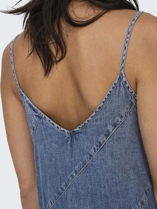 Summer Midi Denim Dress with Ruffles Blue