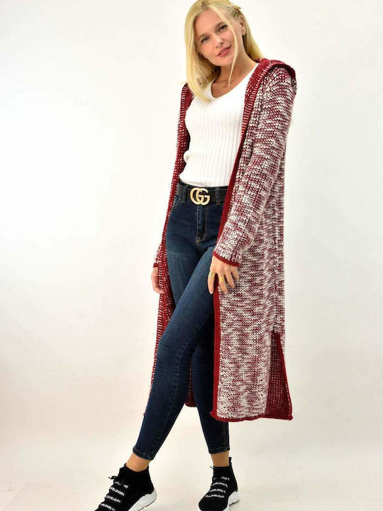 Long knitted cardigan with hood Bordeaux 3819