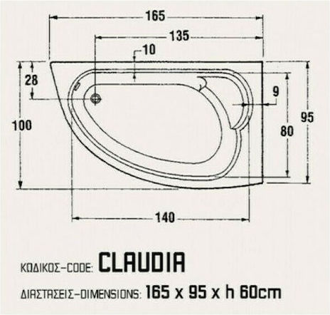 Sanitec Claudia R L Γωνιακή Μπανιέρα Δεξιάς Τοποθέτησης Ακρυλική με Υδρομασάζ 165x95cm