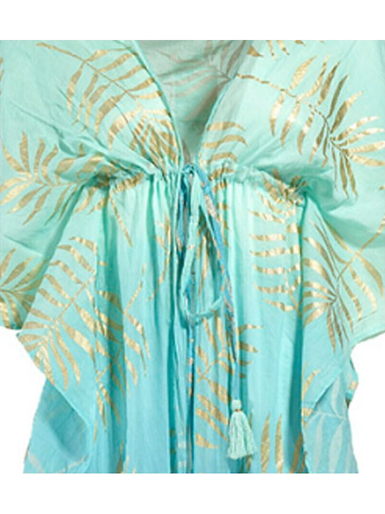 Ble Κιμονο Μακρυ Μπλε Γαλαζιο Χρυσα Φυλλα One Size 100% Cotton