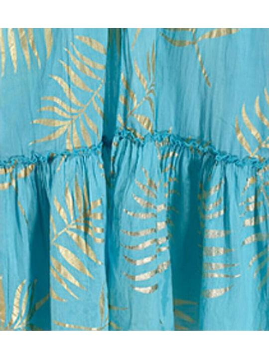 Blue Long Kimono Blue Light Blue Gold Leaves One Size 100% Cotton