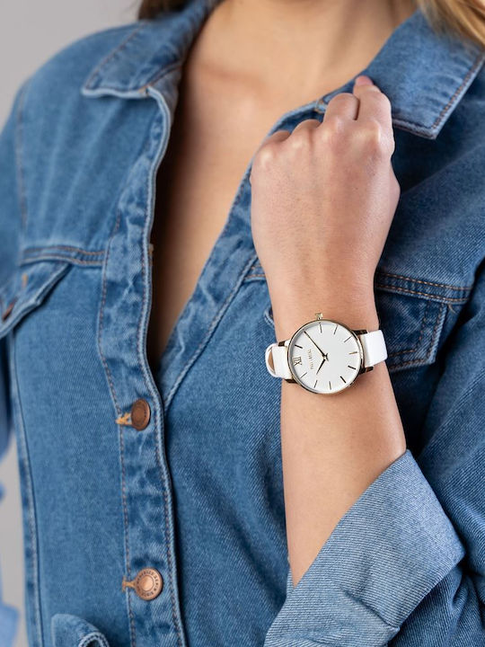 Paul Lorens Women's Watch with White Leather Strap