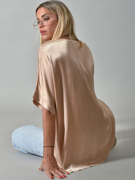 Belle Femme Bluza de Damă de Satin Mâneci scurte cu Decolteu în V Camel