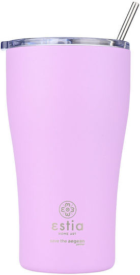 Estia Coffee Mug Save The Aegean Glass Thermos Stainless Steel BPA Free 500ml Lavender Purple with Straw
