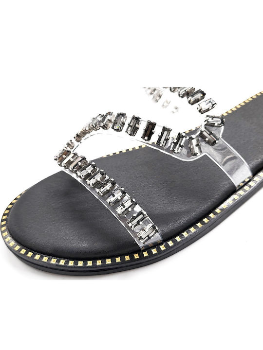 Shoelover Μαύρο Clear Δερμάτινο Flat Σανδάλι Στρας