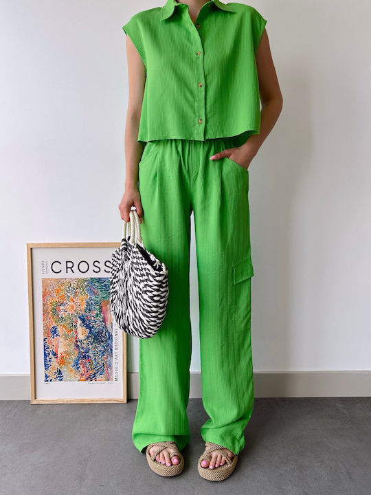 Sinell Women's Set Sleeveless Shirt Trousers Green