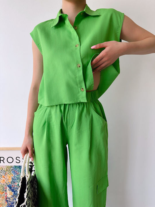 Sinell Women's Set Sleeveless Shirt Trousers Green