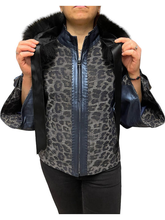 Kurzes Leder Damenjacke Für Winter Blau