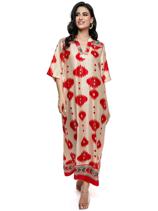 Elegant Long Dress with Striking Red Patterns