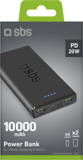 SBS Power Bank 10000mAh 20W με 2 Θύρες USB-A και Θύρα USB-C Power Delivery Μαύρο