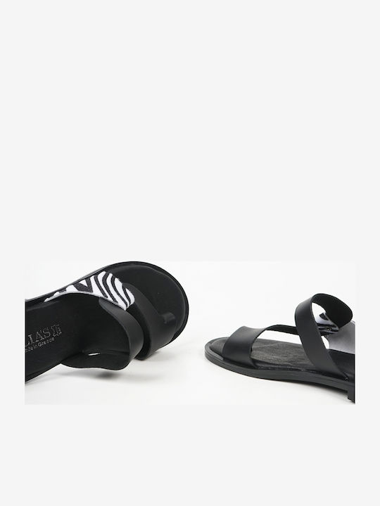 Leather Women's Flat Sandals in Black Color