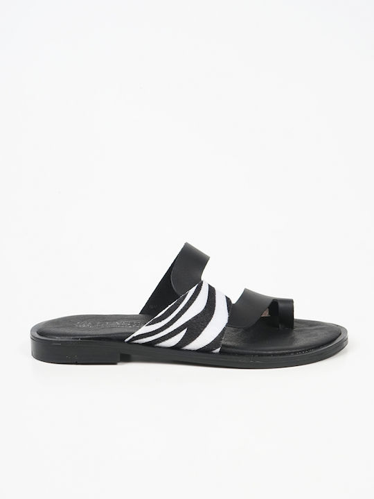 Leather Women's Flat Sandals in Black Color