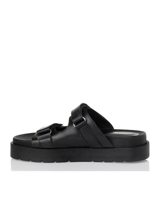 Δερμάτινα Γυναικεία Σανδάλια Flatforms Μαύρα