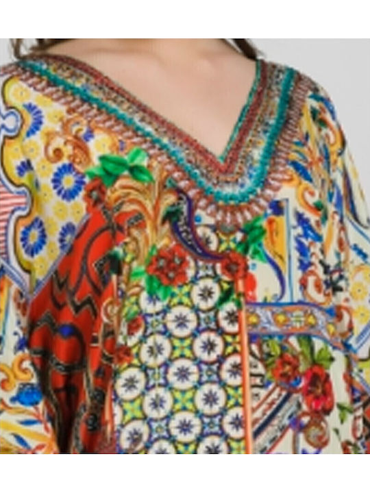 Ble Resort Collection 100% Γυναικείο Μακρύ Καφτάνι Παραλίας Κιτρινο/κοκκινο