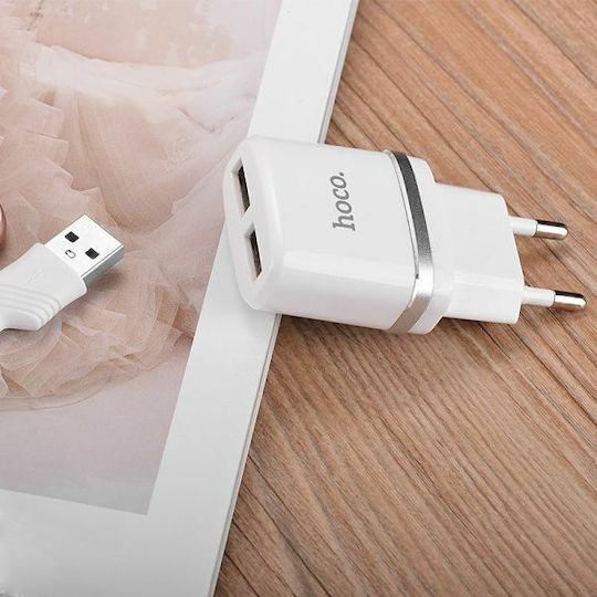 Hoco Charger with 2 USB-A ports and micro USB Cable Quick Charge 3.0 in White Colour (C12)