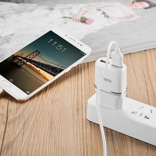 Hoco Charger with 2 USB-A ports and micro USB Cable Quick Charge 3.0 in White Colour (C12)