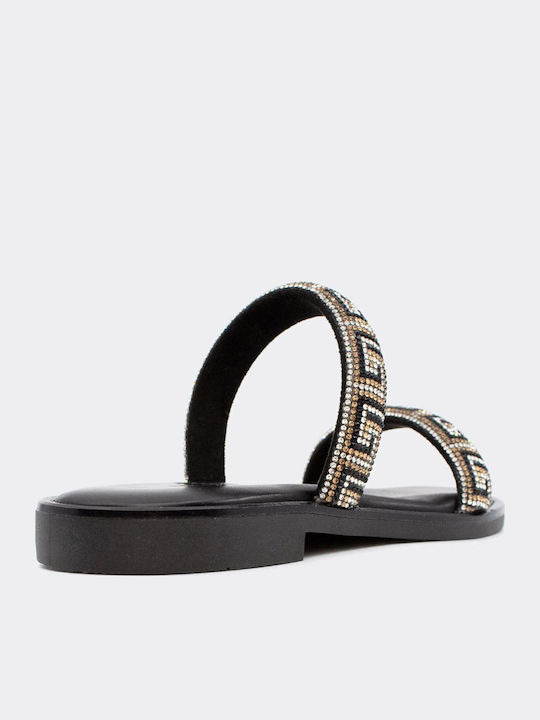 Leather Women's Flat Sandals in Black Color
