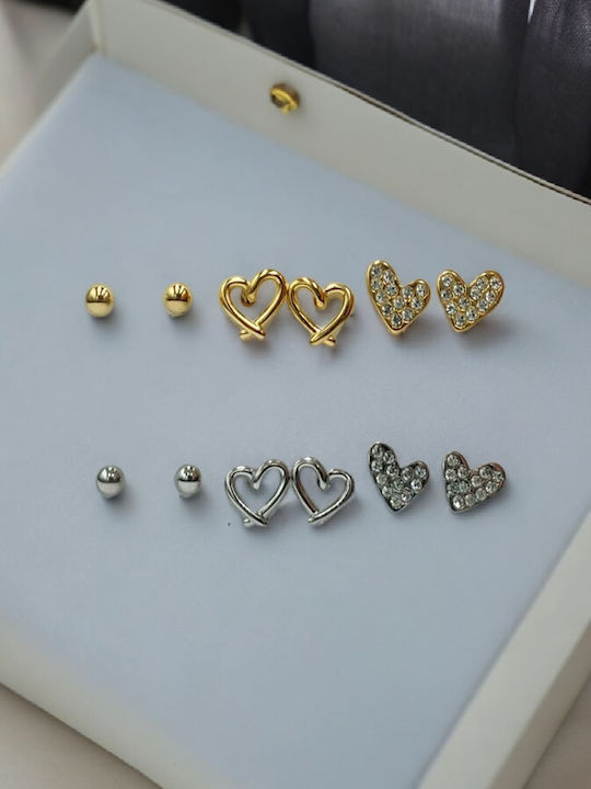 Steel Silver Earrings Set of 3: Ball, Pierced Heart, Heart with Rhinestones Steel Silver Earrings Set of 3: Ball, Pierced Heart, Heart with Rhinestones