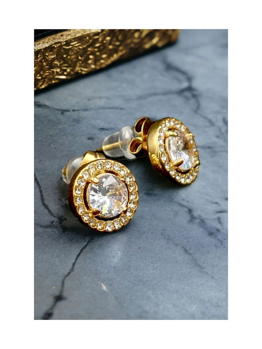 Stainless Steel Gold Plated Round Stud Earrings with White Zircon in the Middle and Strass Around