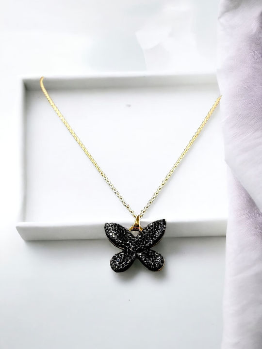 Stahl Gold Schmetterling Schwarzer Strass Halskette
