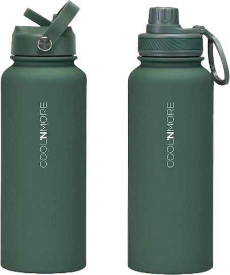 Cool'NMore Stainless Steel Thermos Bottle BPA Free 1lt Moss Green with Straw Mouthpiece Loop and Handle