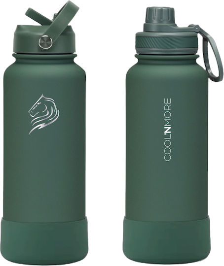 Cool'NMore Stainless Steel Thermos Bottle BPA Free 1lt Moss Green with Straw Mouthpiece Loop and Handle