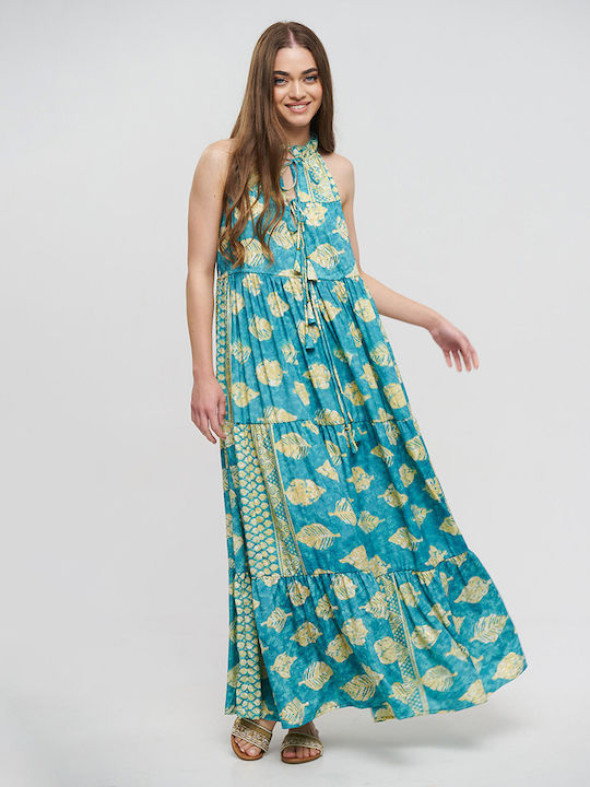 Blaues ärmelloses langes Kleid mit türkisen Blättern und goldenen Details Einheitsgröße 100% Crepe