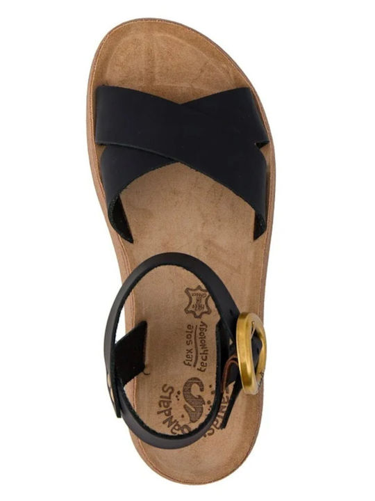 Fantasy Marieva Leather Women's Flat Sandals with Strap in Black Color