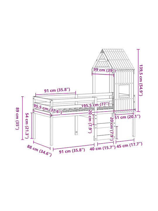 Pat pentru Copii Loft Bed Single Bej pentru Saltea 90x190cm