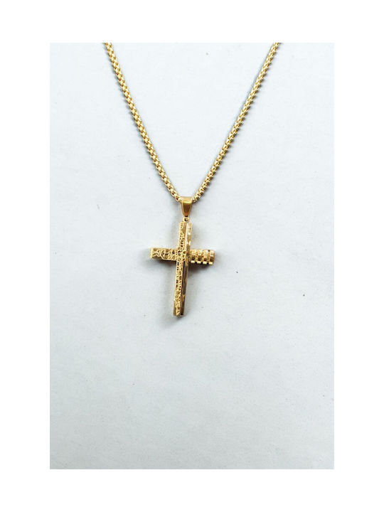 Steel Necklace Gold Cross Embossed Half Half