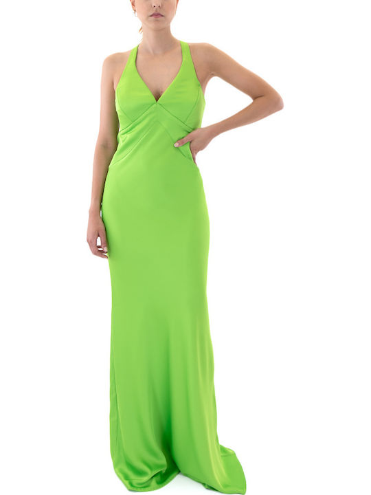 Summer Maxi Evening Satin Open Back Green Dress