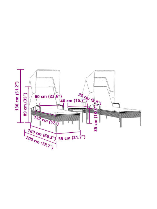 Deckchair Rattan with Cushion & Sunshade Beige with Table 2pcs 89x200x60cm.